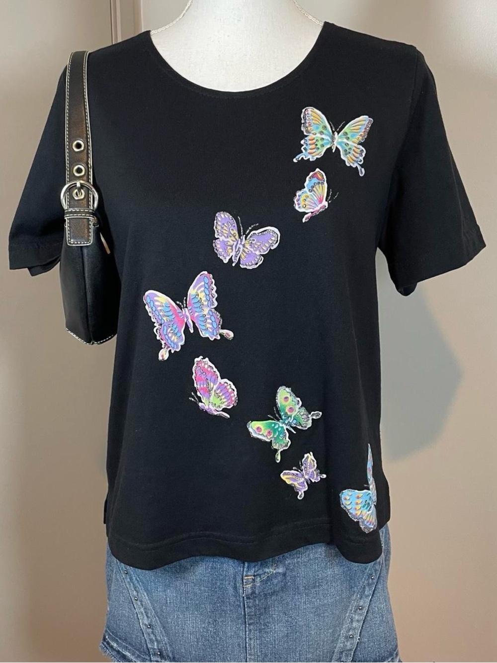 Vintage Black Colorful Glitter Butterflies  Large Blair Short Sleeve Shirt
